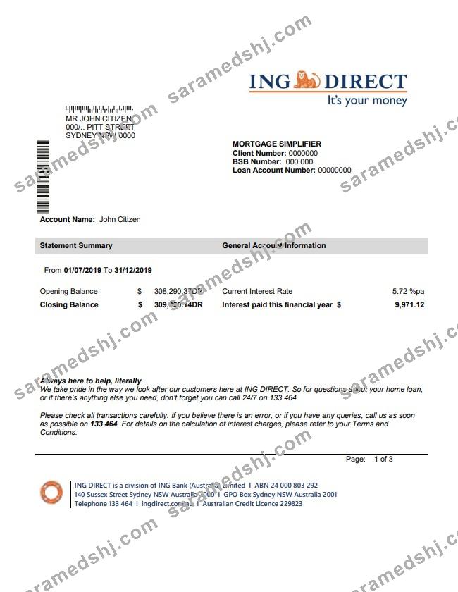 Australia ING Direct bank statement